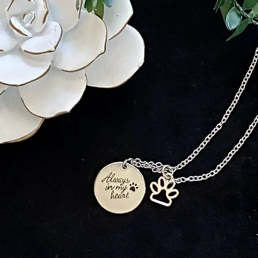 Dog Always In My Heart Paw Print Silver Plated Charm Necklace NWT